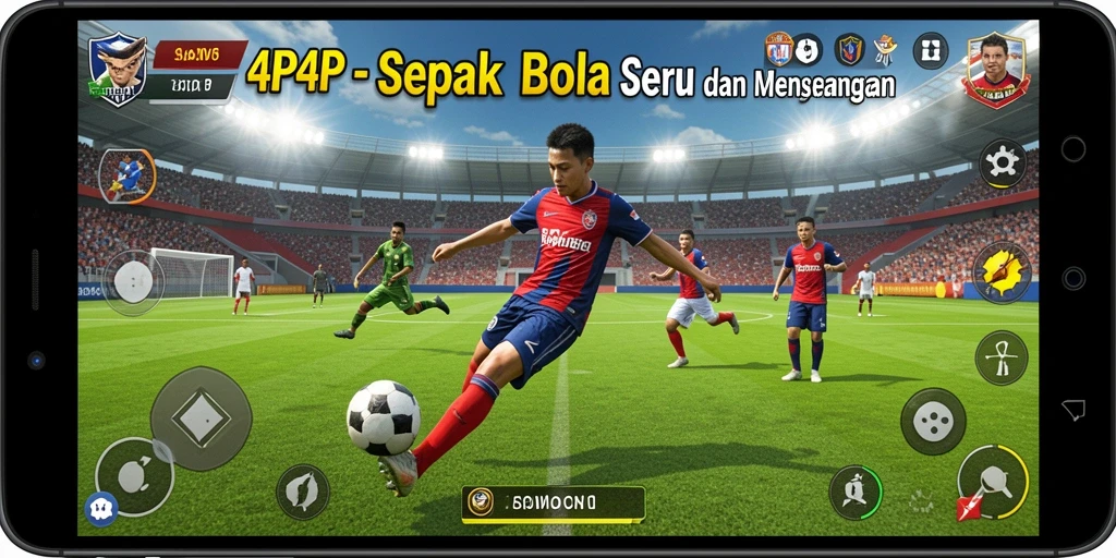 Screenshot utama 4P4P menampilkan aksi seru pertandingan sepak bola.