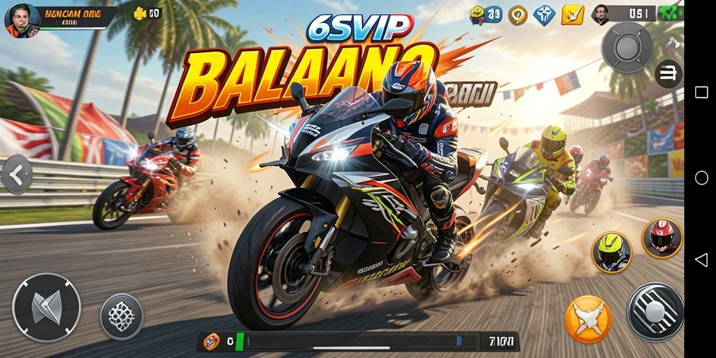 Screenshot 6SVIP menunjukkan balapan motor yang mendebarkan.