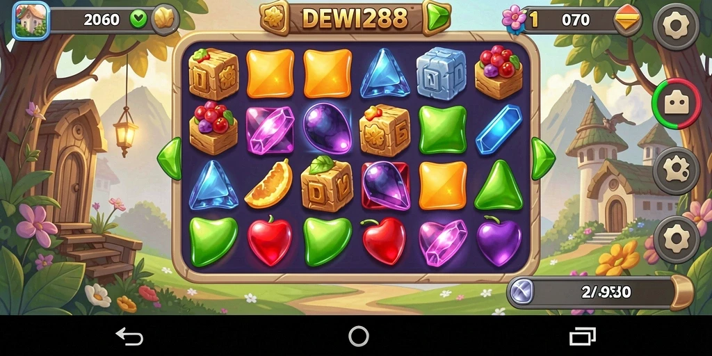Screenshot permainan DEWI288 yang menampilkan gameplay seru Match-3.