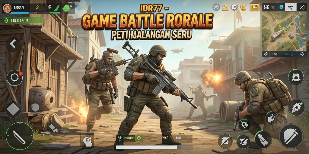 Screenshot utama IDR77 menampilkan aksi intens dalam pertandingan Battle Royale.
