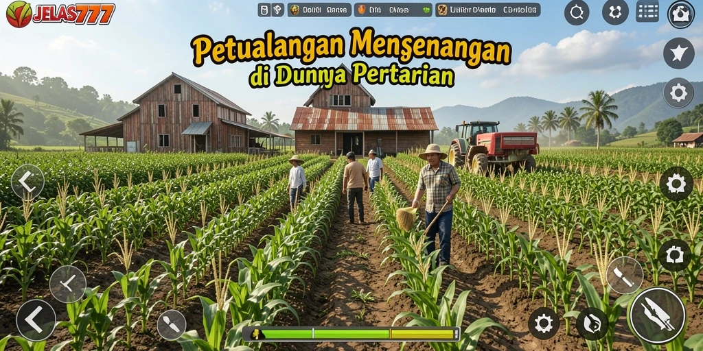Tampilan gameplay JELAS777 yang menunjukkan pertanian yang subur dan interaksi sosial.
