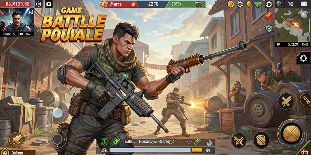 Tampilan gameplay mendebarkan di RAJATOTO88 dengan aksi Battle Royale.