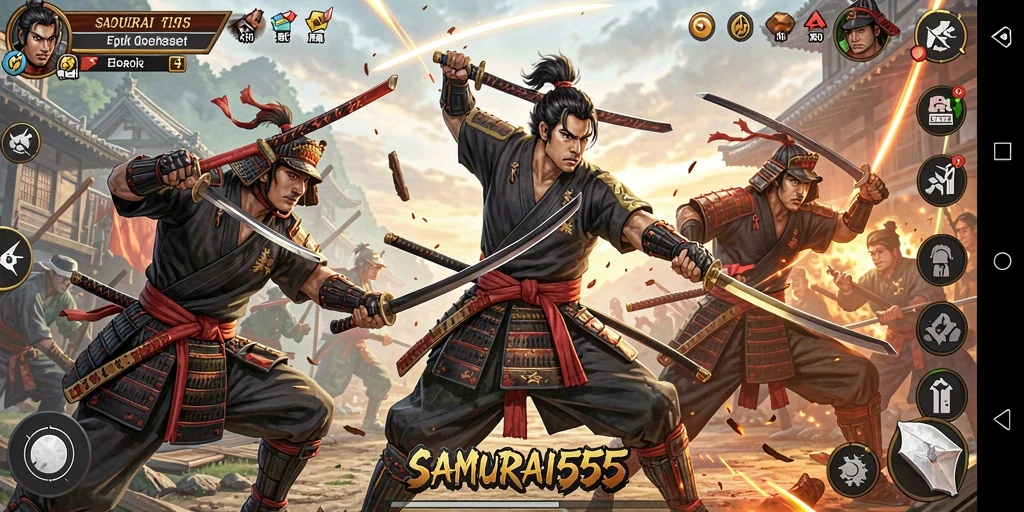 Screenshot aksi mendebarkan dari gameplay SAMURAI555 dengan pertarungan samurai.
